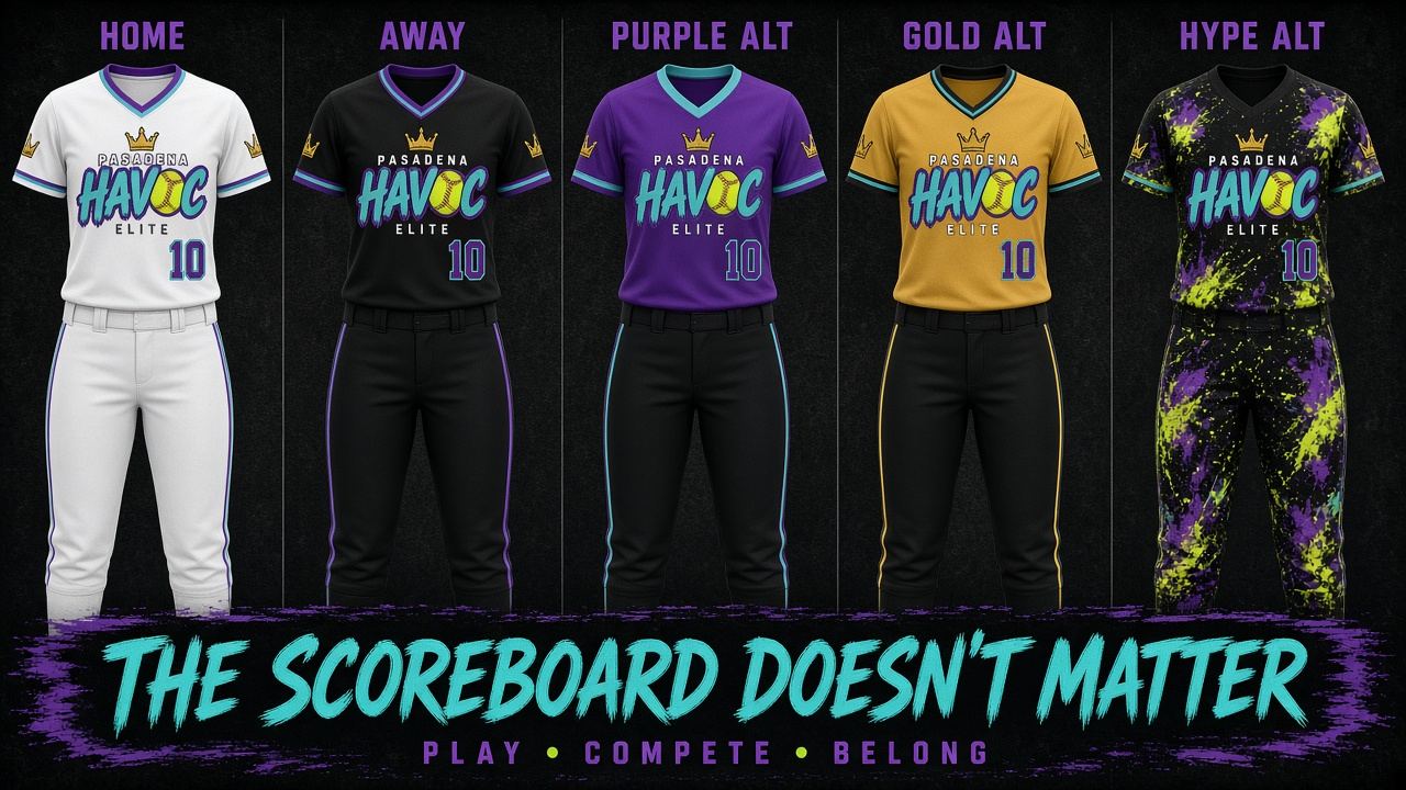 Uniform design concepts: Home (white), Away (black), Purple Alt, Gold Alt and Hype Alt, with the line The Scoreboard Doesn't Matter